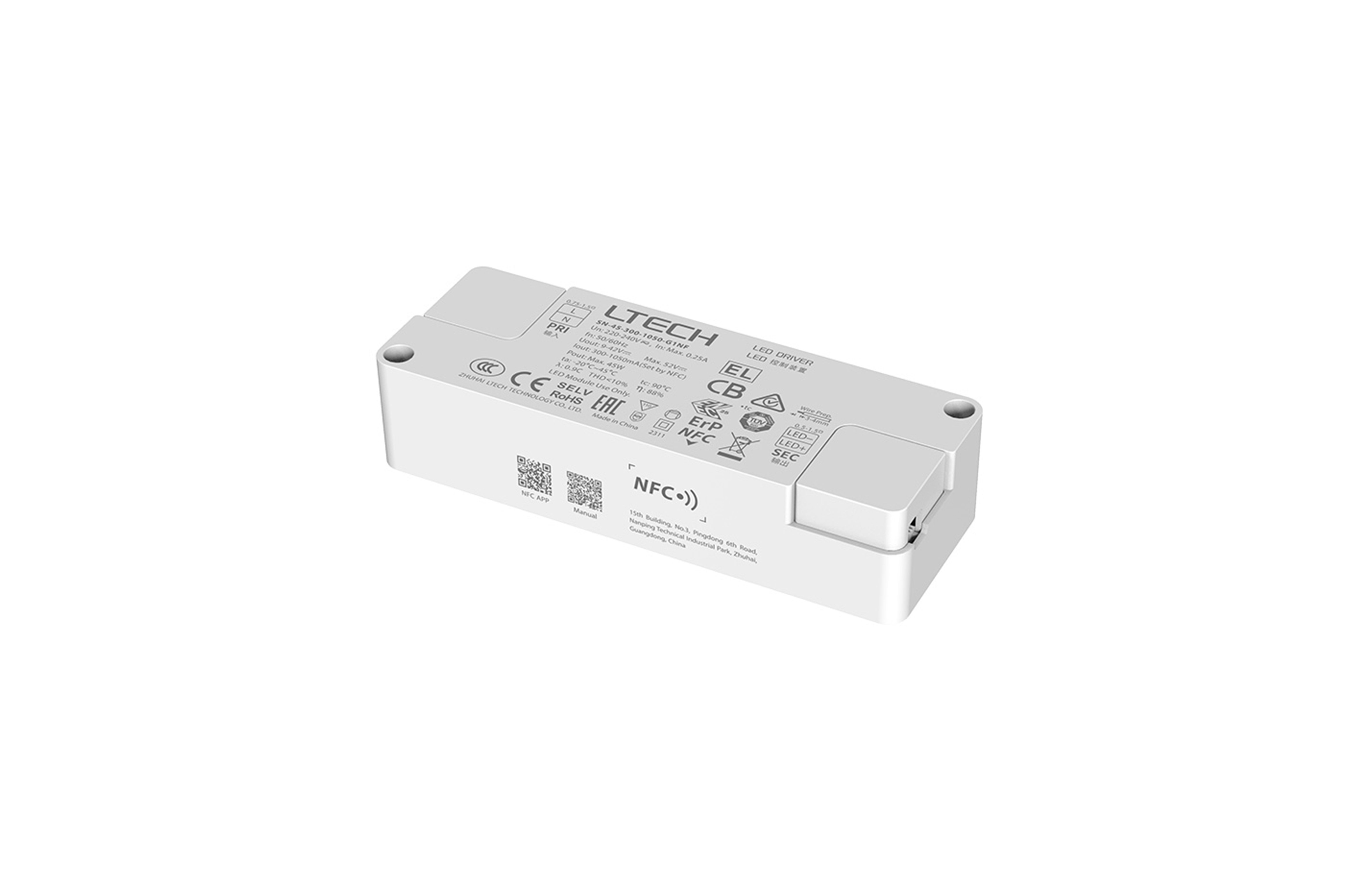 SN-45-300-1050-G1NF  Intelligent Constant Current NFC ON/OFF LED Driver, 45W 300-1050mA ,9-42Vdc , 200-240Vac, Out put Range.2.7W-45W, IP20, 5yrs Warrenty.